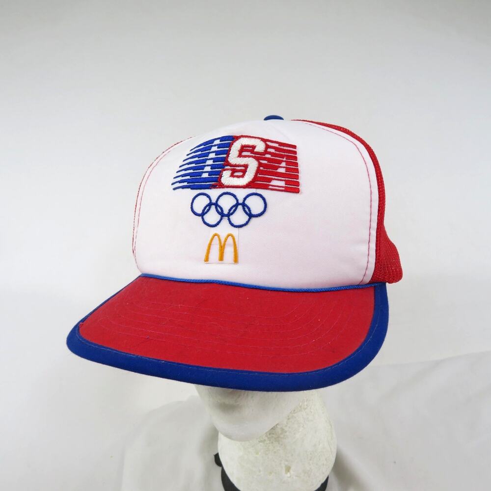 1984 McDonald's Olympic Hat, USA Rings Trucker Mesh Cap Red White Blue Snapback